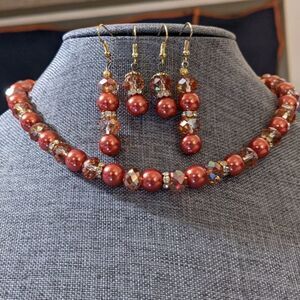 Gorgeous Vintage orange sheen, crystal bead necklace, 2 pairs earrings set